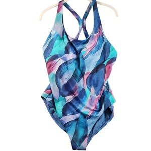 Athleta Malibu One Piece Swimsuit Womens Large Cool Blue Racerback Make a Splash